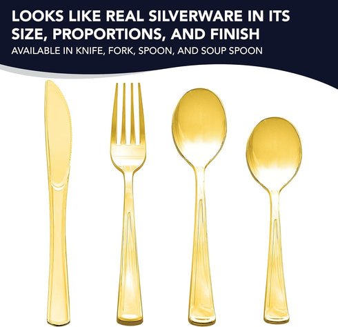 Party Essentials 50-Count Disposable Plastic Cutlery - Heavy-Duty Flatware/Silverware, Shiny Gold Knives for Events