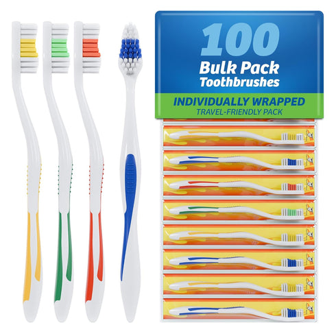 FactorDuty 100 Pack Classic Medium Soft Toothbrush Bulk, Standard, Individually Wrapped