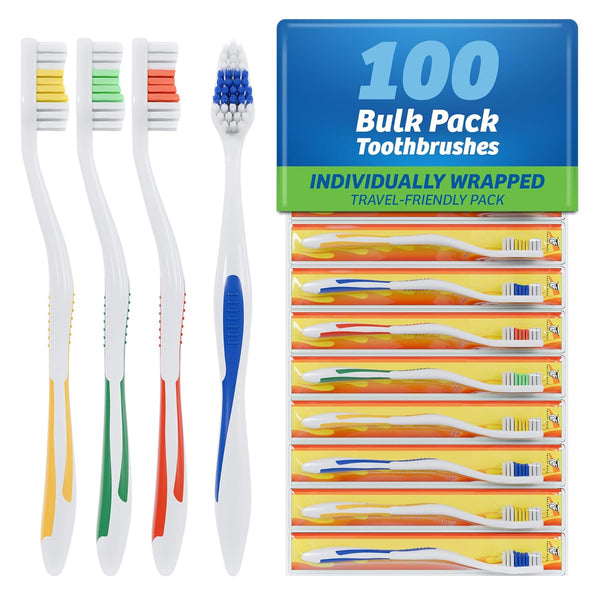 FactorDuty 100 Pack Classic Medium Soft Toothbrush Bulk, Standard, Individually Wrapped