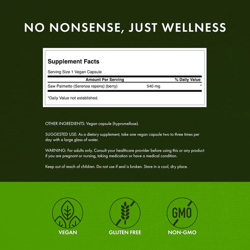 Swanson Saw Palmetto - Herbal Supplement for Male Prostate Health Support & Natural Hair & Urinary Health - 540 mg, 250