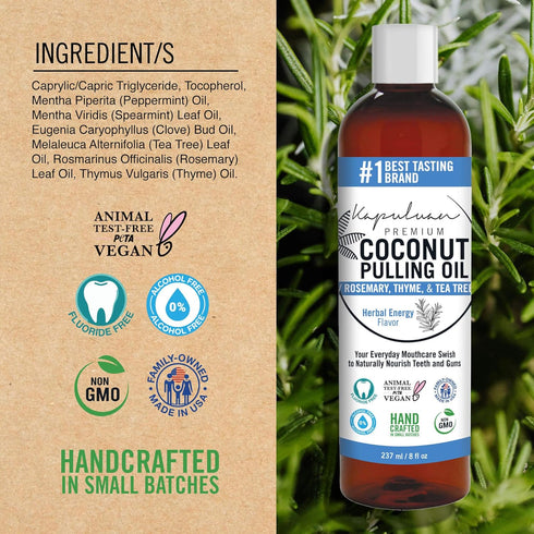 Coconut Pulling Oil Mouthwash for Teeth and Gums, 100% Pure, Non-GMO, Ayurvedic with Rosemary, Thyme, Tea Tree Oils
