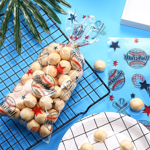 Chuangdi 100 Pack Cello Baseball Party Snack Bags, Cellophane Baseball Treat Bags for Team Snacks, Sports Goodie Pouches