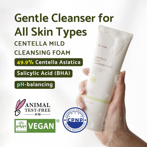IUNIK Centella Mild Facial Foaming Cleanser - Non-stripping Sub-Acid w/Centella Asiatica 49% Moisturizing pH Balancing for Oily Dry Senstivie Acne-prone skin Vegan Korean Skincare