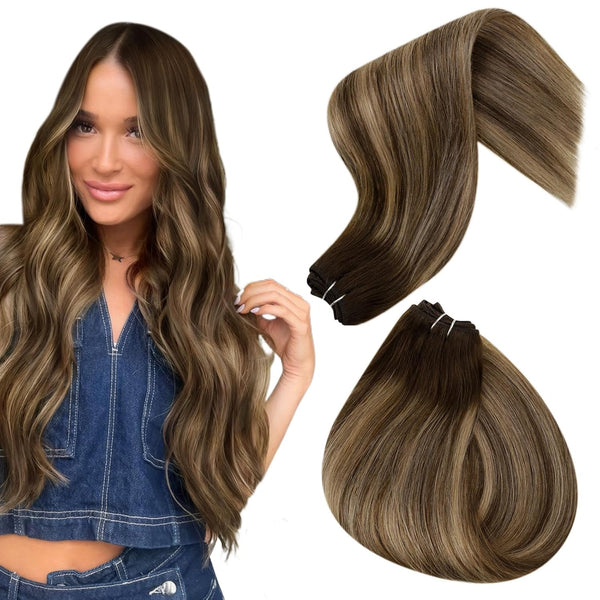 Hetto 12 Inch Sew in Hair Extensions, Balayage Brown to Blonde Weft, 70g Real Human Hair Extensions