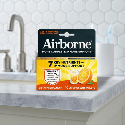 Immune 10ct 1000mg Airborne Support Effervescent Tablets, Zesty Orange Flavor - with Vitamin C + Vitamins A, D, E
