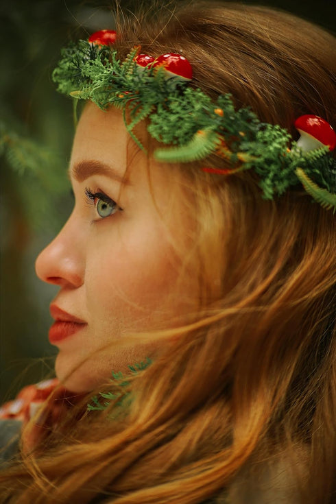 MOSTORY Green Elf Mushroom Crown, Fairy Woodland Floral Headpiece for Women and Girls