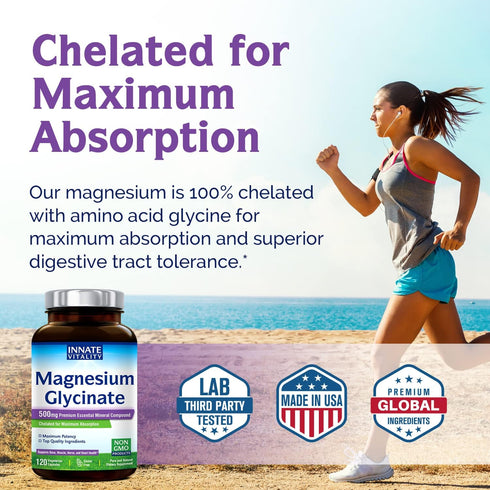 Innate Vitality Magnesium Glycinate 500mg - 120 Vegan Capsules, High Absorption, Non-GMO, Supports Nerve, Muscle & Heart