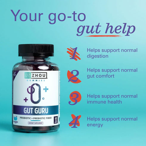 Zhou Nutrition Gut Guru Prebiotics and Probiotics for Women and Men, 2 in 1 Probiotic and Prebiotic Gummies for Digestive Gut Health and Immune Support, Vegan, Gluten Free, Non-GMO, 60 Count