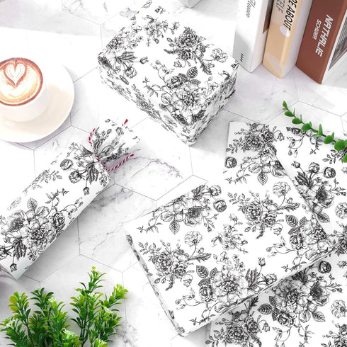 JarThenaAMCS 100 Sheets Black Floral Tissue Paper, Vintage Chinoiserie Gift Wrapping Paper for DIY Crafts