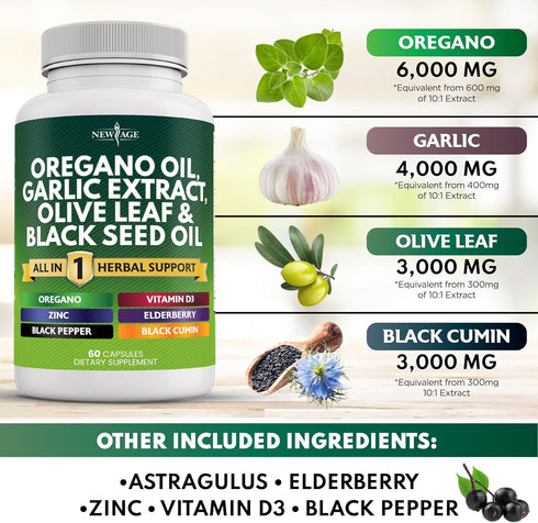 NEW AGE Oregano Oil 6000mg, Garlic Extract 4000mg, Olive Leaf 3000mg with Astragalus - Immune Support Supplement