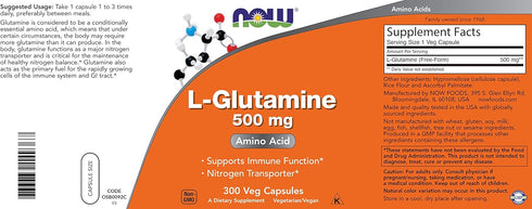 Now L-Glutamine 500mg - 300 Veg Capsules (Pack of 2), Non-GMO Vegan Supplement