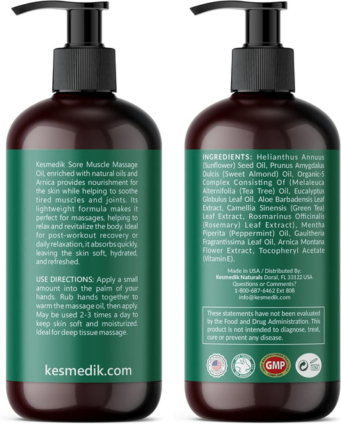 Sore Muscle Massage Oil for Massage Therapy with Arnica, Eucalyptus & Tea Tree Oil Blend for Deep Muscle Relief