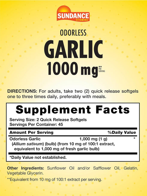 Odorless Garlic Softgels | 1000mg | 90 Count | Non-GMO and Gluten Free Supplement | by Sundance