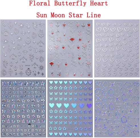 Silver Nail Art Stickers, Sun Moon Star Heart Line Flower Self-Adhesive 3D Nail Transfer Decals for Women