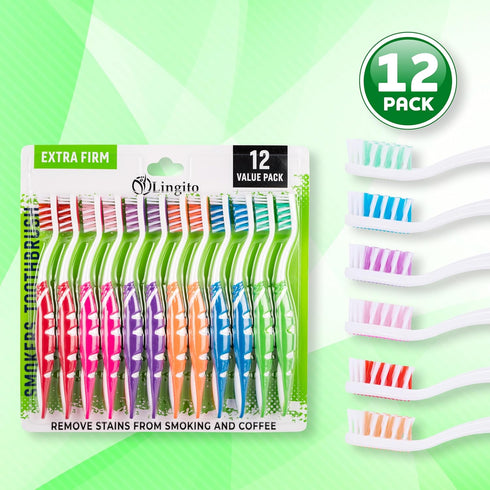 Extra Firm Toothbrush Set for Adults, Travel Toothbrush Kit, Hard Multicolor Denture Brush, 12 Pack