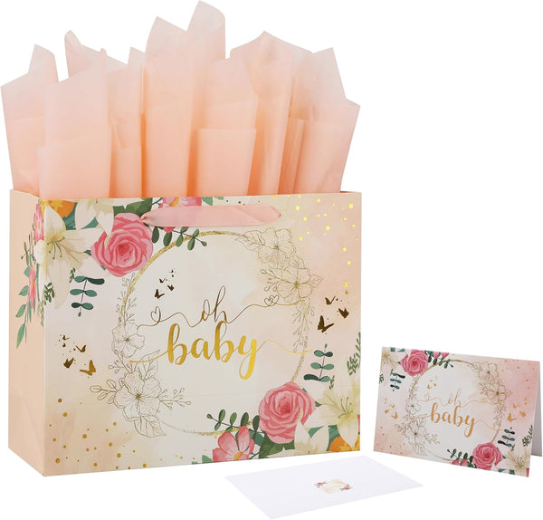 13" Large Light Orange Gift Bag Set with Greeting Card & Tissue Paper (Gold Foil ‘Oh Baby’) for Baby Shower, 1 Pcs