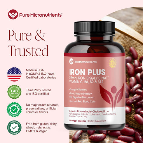 Iron Supplement for Women & Men, Natural Ferrous Chelate, 25mg + Vitamin C, B6, B12, Folic Acid - 120 Count