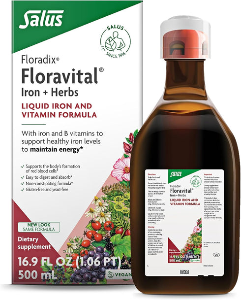 Floradix Floravital Iron & Herbs Liquid Herbal Supplement for Energy Support, Vegan, 17 oz