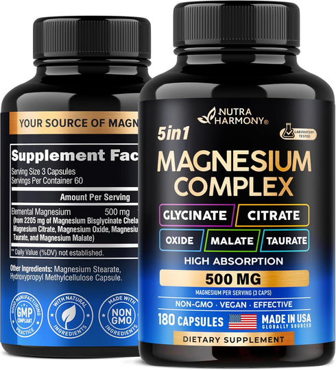 Magnesium Supplement 5 in 1 Complex 500 mg, Vegan, Natural, Non-GMO, 180 Capsules, Stress & Muscle Support