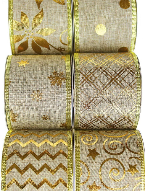 Gold Ribbon Wired Christmas Tree Ribbon 2.5 Inch Burlap Ribbons Xmas 6 Rolls 36 Yards Metallic Glitter Crafts Decorating Gift Wrapping Bows Gift Wrap Bow Trees Topper Wreath Indoor/Outdoor by OLYPHAN