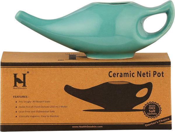 HealthGoodsIn Ceramic Neti Pot for Sinus, Premium Grade, Dishwasher Safe, Turquoise Color
