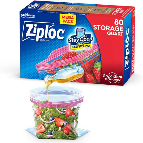 Ziploc Quart Food Storage Bags - Stay Open Design with Stand-Up Bottom, 80 Count
