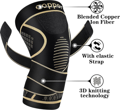Men(2 Pack), Copper Knee Braces with Strap for Knee Pain Women and Knee Compression Sleeve for Arthritis, ACL, Meniscus