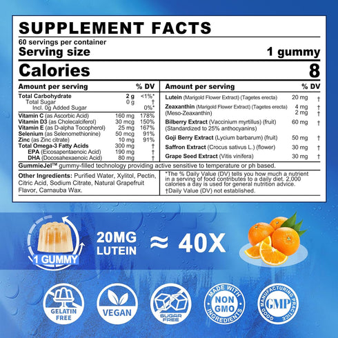 Sugar Free Lutein 20mg & Zeaxanthin Eye Supplement Plus EPA 190mg & DHA 80mg, Eye Vitamins Filled Gummies with Selenium & Zinc, Bilberry, Goji Berry, Saffron & Grape Seed Extract, Vitamin D3, C & E
