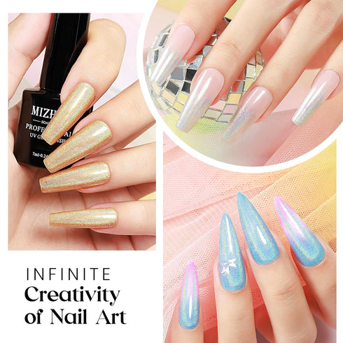 MIZHSE 8 Colors Holographic Gel Nail Polish Set - Laser Iridescent Chrome Rainbow Shimmer Glitter for Nail Art Salon