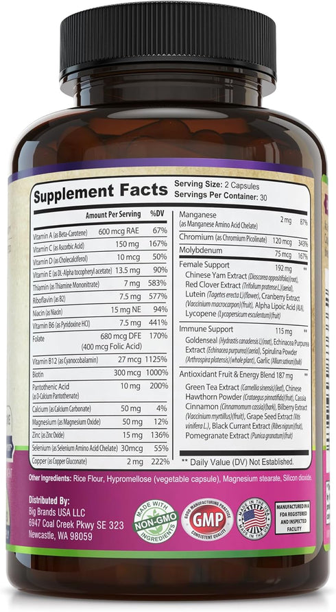 Womens Daily Multivitamin Multimineral Supplement - 60 Capsules - Energy, Mood, Focus, Hair, Skin & Nails