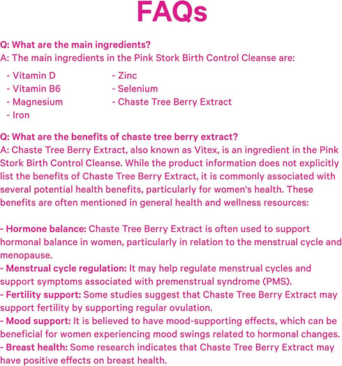 Pink Stork Birth Control Cleanse for Hormone Balance, with Chaste Tree Berry, Magnesium, Selenium, 60 Capsules