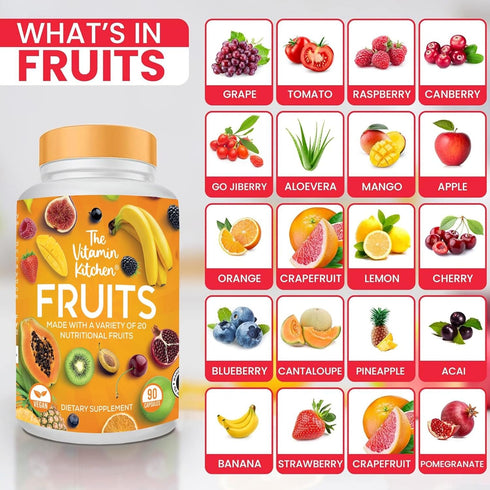 Fruits and Veggie Supplements - 90 Fruits, 90 Veggies Capsules to Boost Energy Level, Whole Food from Super Foods -