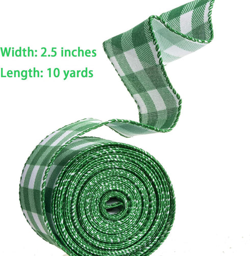 ATRBB Green and White Buffalo Plaid Ribbon, 10 Yards by 2.5 Inches for St Patrick's Day Decoration and Craft Bows