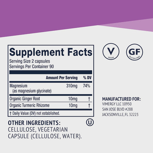 Vimergy Magnesium Glycinate, 90 Servings with Turmeric & Ginger - Supports Relaxation, Sleep, Bone & Heart Health