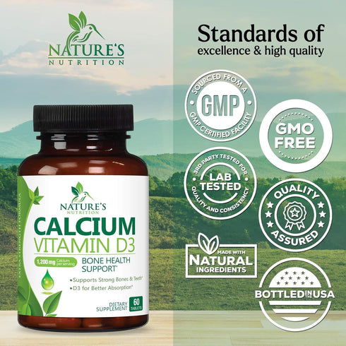 Calcium 1200 mg Plus Vitamin D3, 60 Tablets, Bone Health & Immune Support
