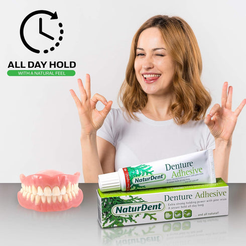 NaturDent Natural Strong Denture Adhesive, Holds Dentures Longer, No Zinc, No Petrochemical, No Yucky Taste
