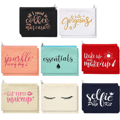 Weewooday 16 Packs Multicolor Funny Canvas Makeup Bags, Inspirational Travel Cosmetic Pouch with Zippers, Glitter
