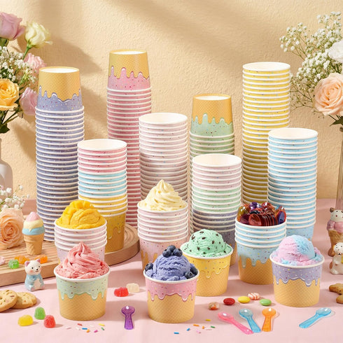 Jingmore 120 Set 6 oz Summer Paper Ice Cream Cups Bulk with Spoons Disposable Sundae Bowls Colorful Paper Dessert Cups