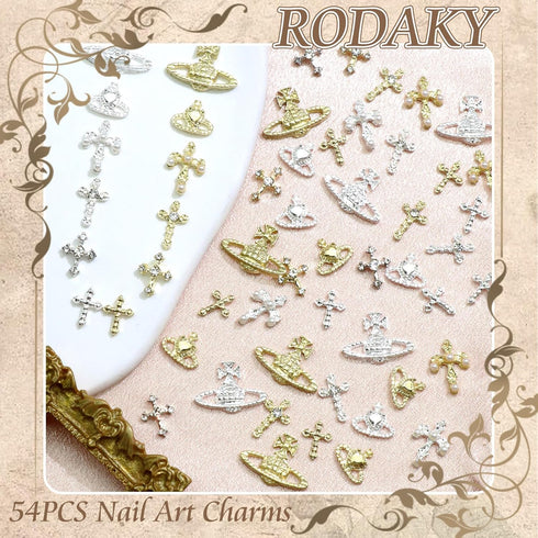 RODAKY 54PCS Cross Nail Charms, Gold Cross Charms for Nails, 3D Planet Nail Art Jewelry