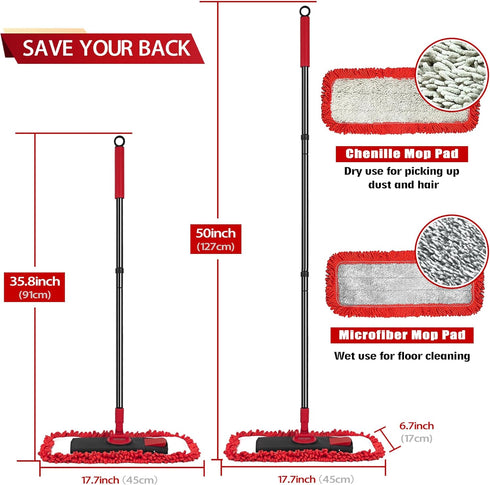 JEHONN Floor Mop - Dry Wet Flat Dust Mops with Microfiber & Chenille Pads for Hard Wood, Laminate, Tile
