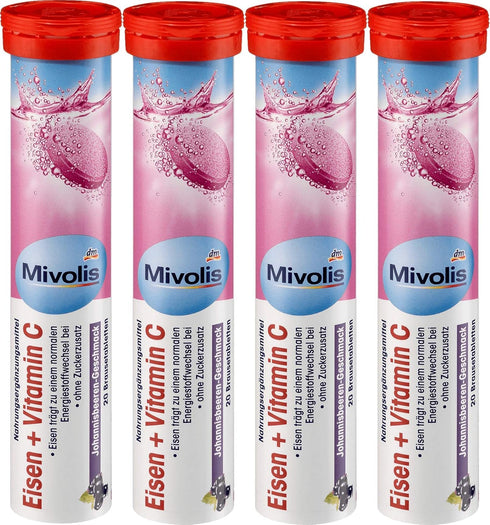 Mivolis Iron + Vitamin C Effervescent Tablets - Dietary Supplements 4 Packs x 20 pcs | Germany