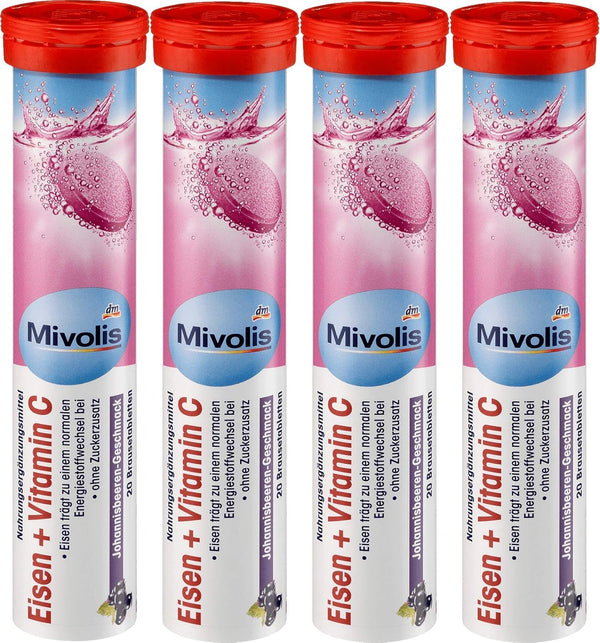 Mivolis Iron + Vitamin C Effervescent Tablets - Dietary Supplements 4 Packs x 20 pcs | Germany