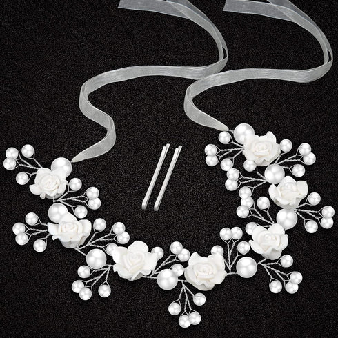 Wedding Hair Accessories for Kids, White Flower Headband Pearl Hair Dress for Girls and Flower Girls Communion