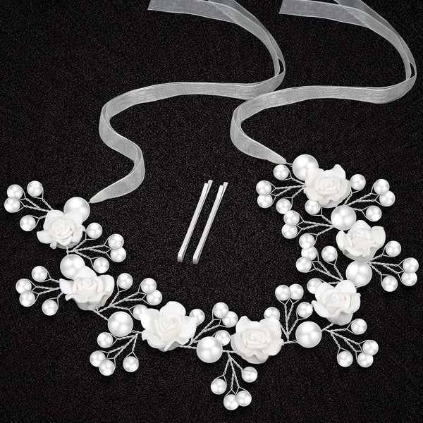 Wedding Hair Accessories for Kids, White Flower Headband Pearl Hair Dress for Girls and Flower Girls Communion