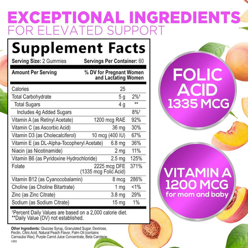 Prenatal Gummy Vitamins for Women, Prenatal Multivitamin with Folic Acid for Fetal Support, Vitamin A, C, D3, B12 & B6, Nature's Pregnancy Vitamins with Folate - 120 Gummies, 60 Day Supply