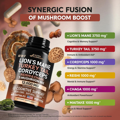 Mushroom Supplement - Organic Lion's Mane, Turkey Tail, Chaga, and More - 60 Capsules, 12-in-1 Complex