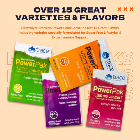 Trace Minerals Power Pak Electrolyte Powder Packets, 60 Packets, 1200 mg Vitamin C, Zinc, Magnesium, Orange Blast