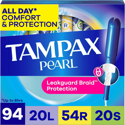 Tampax Pearl Tampons for Women Multipack, with LeakGuard Braid, Light/Regular/Super Absorbency, Unscented,