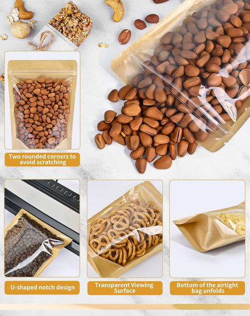 FireKylin 100 PCS Stand Up Pouches,3.9" x 5.9" Kraft Bags With Window Clear Fornt Pouches Resealable Zip Lock Food Storage Brown by FireKylin