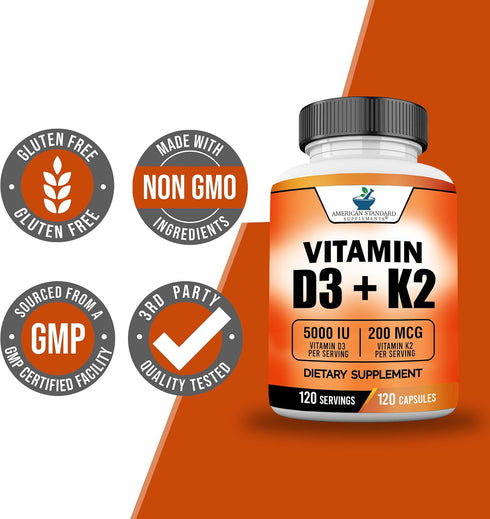 American Standard Supplements Vitamin D3 5000 IU (125mcg) Plus K2 (MK7) 200mcg, 120 Capsules, Gluten Free